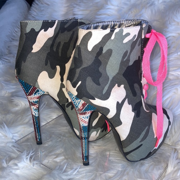 MOCHI Camo UK Rhinestone Lace Up Stiletto Platform Ankle Boots Booties 7 - Picture 8 of 16